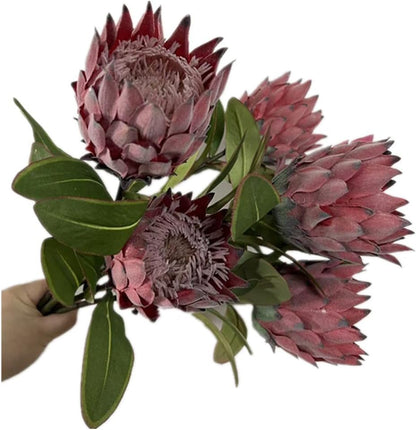 3pcs Artificial Protea Flower Single Stem, 19" Flocked Faux King Protea, Lifelike Long Stem Flowers for Wedding Centerpieces Floral Arrangement, Boho Home Hotel Table Decor (red)