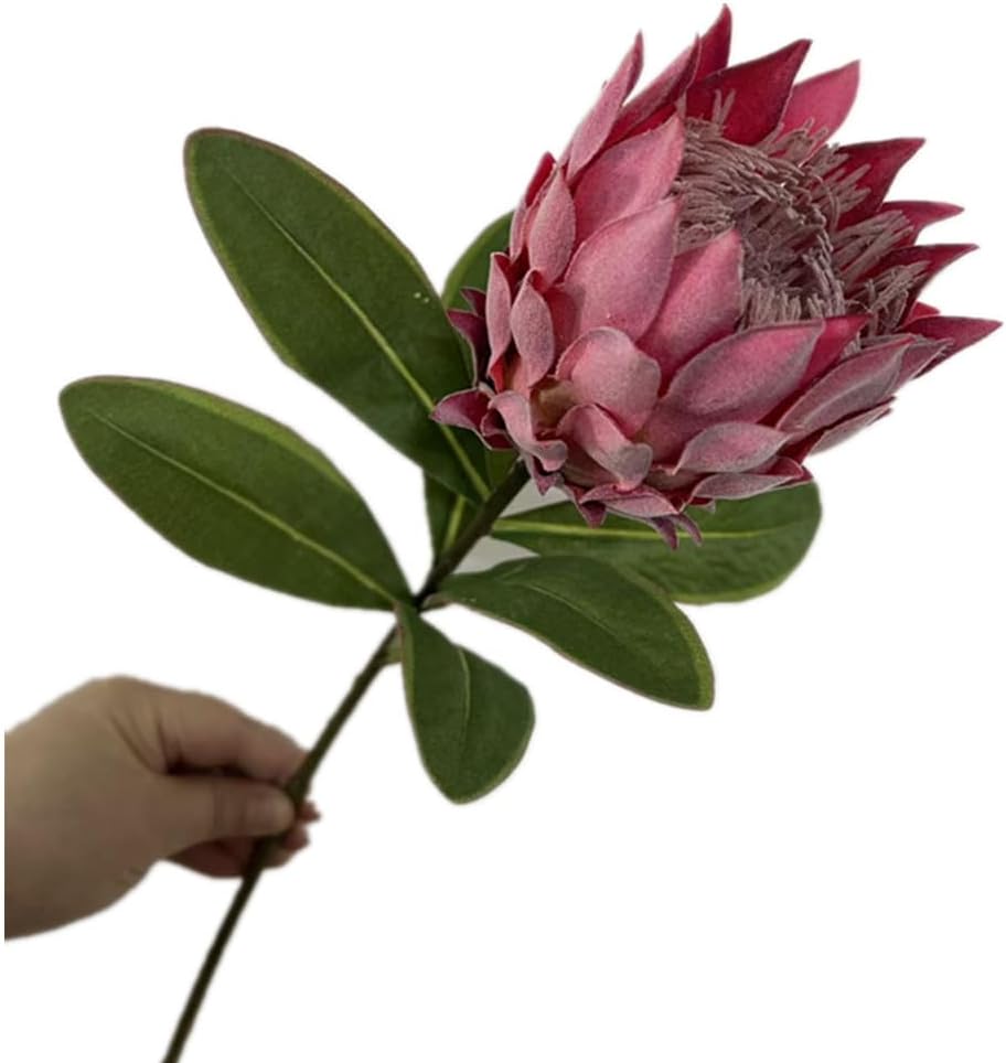 3pcs Artificial Protea Flower Single Stem, 19" Flocked Faux King Protea, Lifelike Long Stem Flowers for Wedding Centerpieces Floral Arrangement, Boho Home Hotel Table Decor (red)