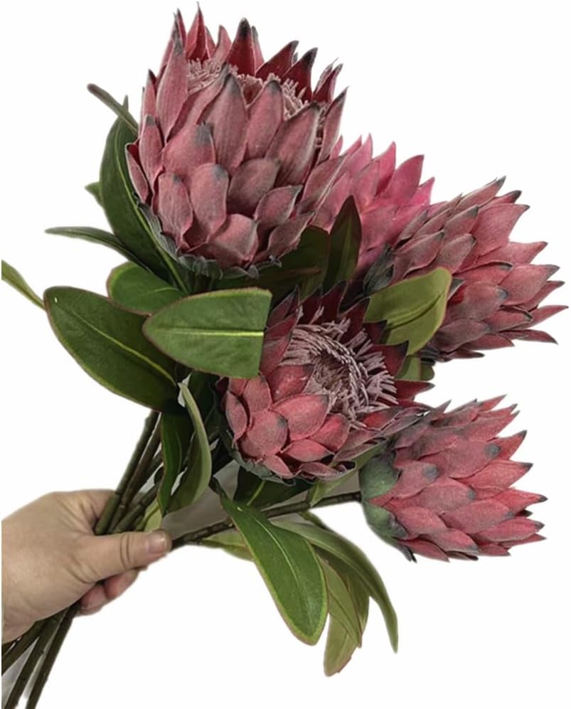 3pcs Artificial Protea Flower Single Stem, 19" Flocked Faux King Protea, Lifelike Long Stem Flowers for Wedding Centerpieces Floral Arrangement, Boho Home Hotel Table Decor (red)