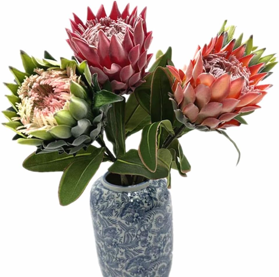 3pcs Artificial Protea Flower Single Stem, 19" Flocked Faux King Protea, Lifelike Long Stem Flowers for Wedding Centerpieces Floral Arrangement, Boho Home Hotel Table Decor (red)