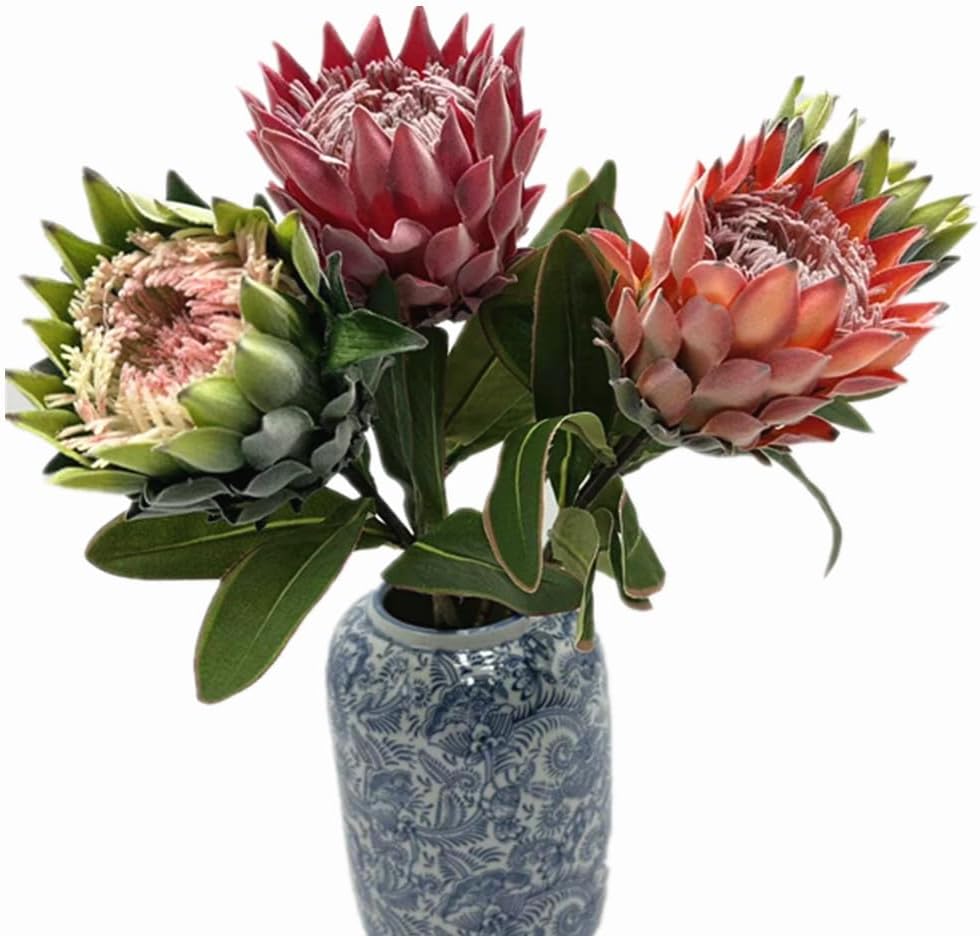 3pcs Artificial Protea Flower Single Stem, 19" Flocked Faux King Protea, Lifelike Long Stem Flowers for Wedding Centerpieces Floral Arrangement, Boho Home Hotel Table Decor (red)