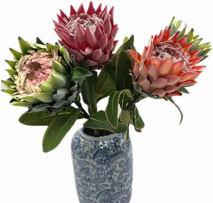 3pcs Artificial Protea Flower Single Stem, 19" Flocked Faux King Protea, Lifelike Long Stem Flowers for Wedding Centerpieces Floral Arrangement, Boho Home Hotel Table Decor (red)