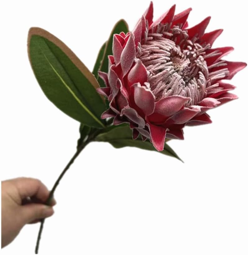 3pcs Artificial Protea Flower Single Stem, 19" Flocked Faux King Protea, Lifelike Long Stem Flowers for Wedding Centerpieces Floral Arrangement, Boho Home Hotel Table Decor (red)