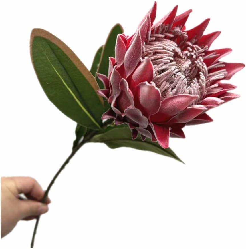 3pcs Artificial Protea Flower Single Stem, 19" Flocked Faux King Protea, Lifelike Long Stem Flowers for Wedding Centerpieces Floral Arrangement, Boho Home Hotel Table Decor (red)