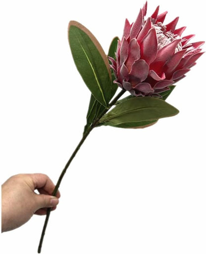 3pcs Artificial Protea Flower Single Stem, 19" Flocked Faux King Protea, Lifelike Long Stem Flowers for Wedding Centerpieces Floral Arrangement, Boho Home Hotel Table Decor (red)