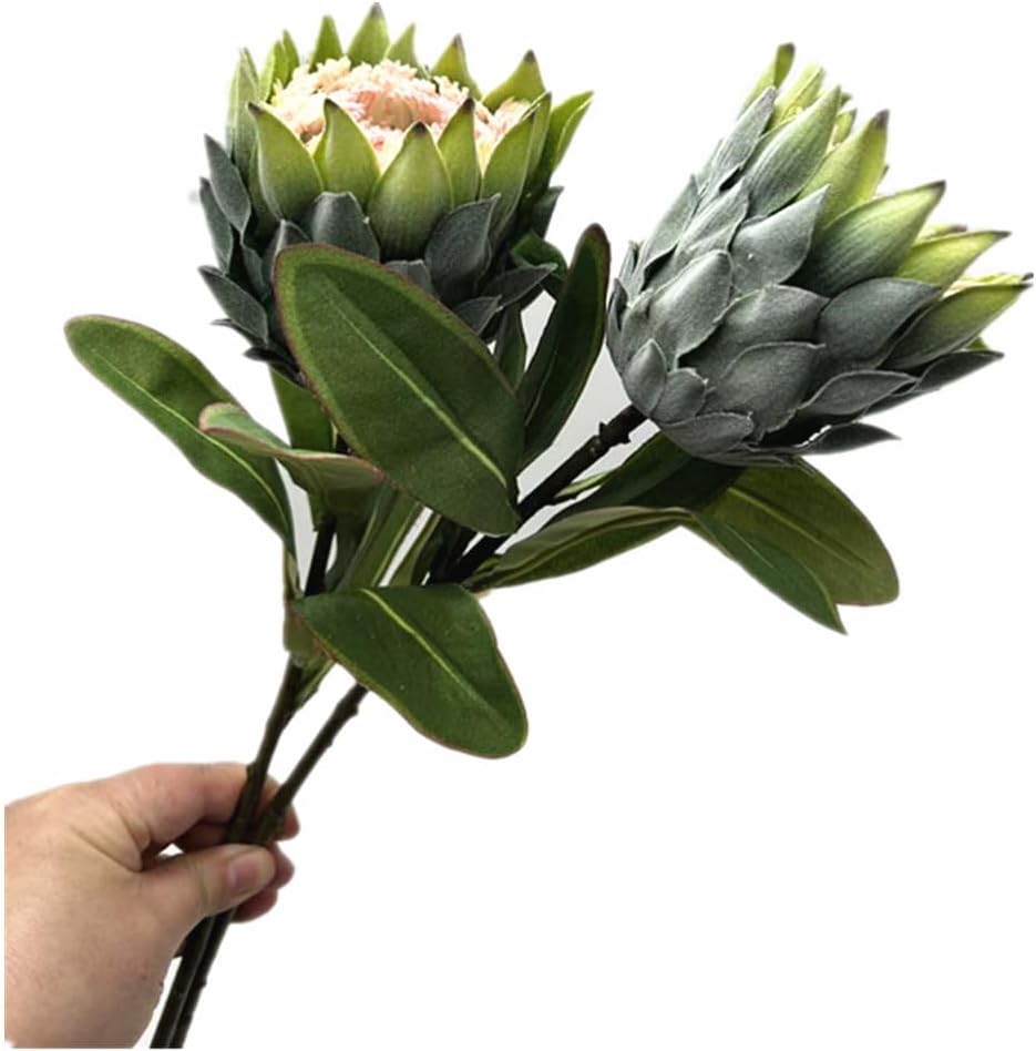 3pcs Artificial Protea Flower Single Stem, 19" Flocked Faux King Protea, Lifelike Long Stem Flowers for Wedding Centerpieces Floral Arrangement, Boho Home Hotel Table Decor (red)