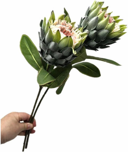 3pcs Artificial Protea Flower Single Stem, 19" Flocked Faux King Protea, Lifelike Long Stem Flowers for Wedding Centerpieces Floral Arrangement, Boho Home Hotel Table Decor (red)