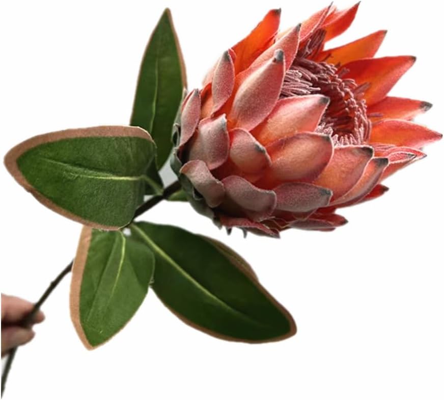 3pcs Artificial Protea Flower Single Stem, 19" Flocked Faux King Protea, Lifelike Long Stem Flowers for Wedding Centerpieces Floral Arrangement, Boho Home Hotel Table Decor (red)