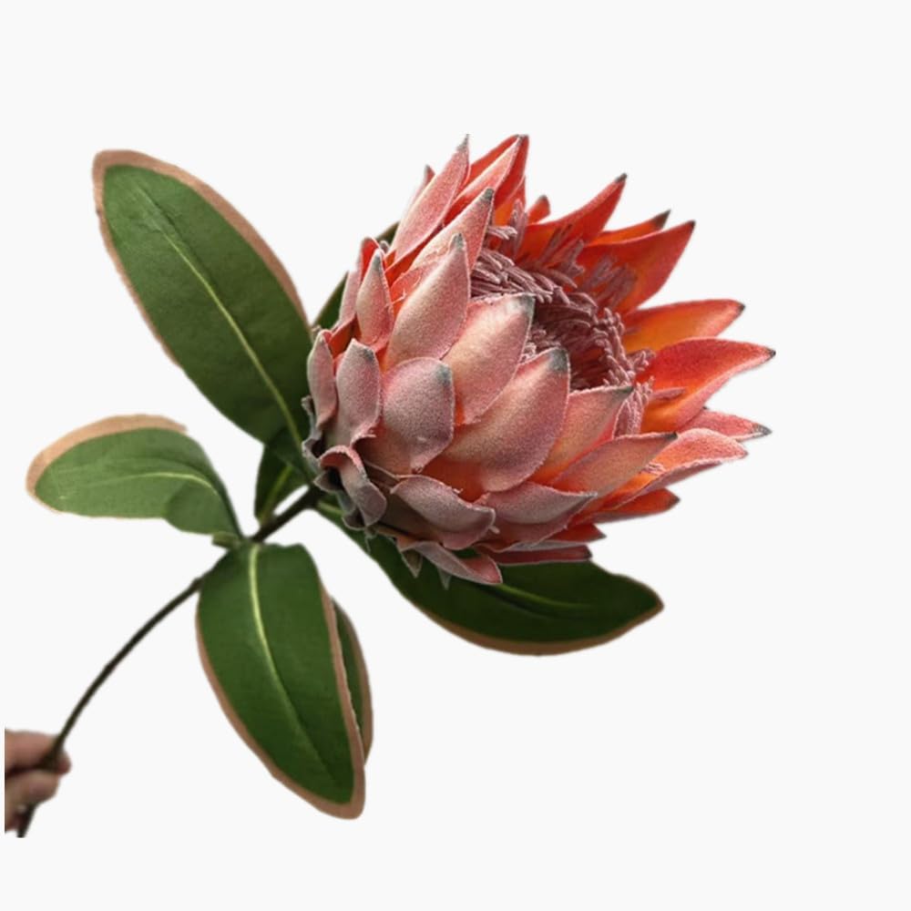 3pcs Artificial Protea Flower Single Stem, 19" Flocked Faux King Protea, Lifelike Long Stem Flowers for Wedding Centerpieces Floral Arrangement, Boho Home Hotel Table Decor (red)