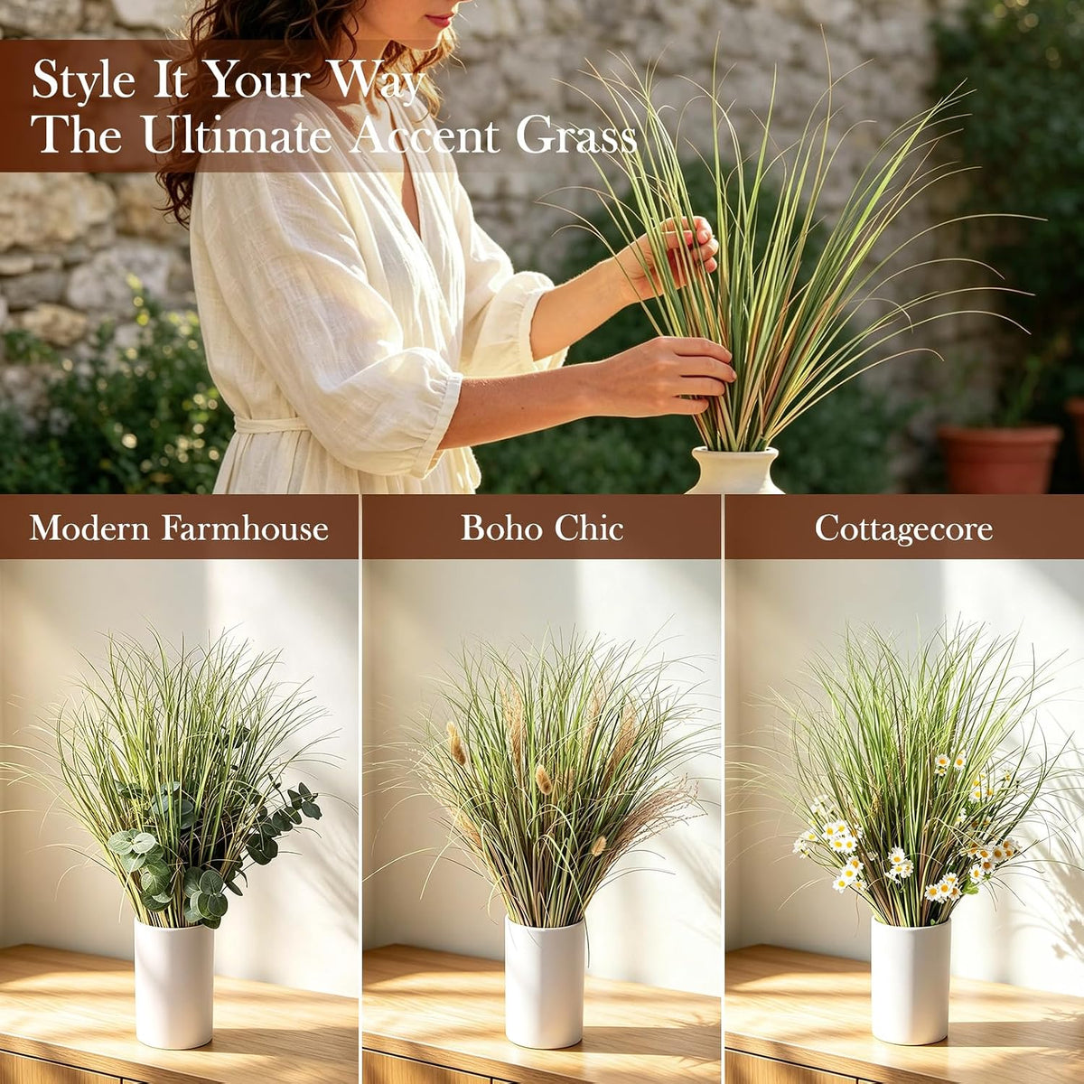 Artificial Plants Outdoor, 21" Faux Grass Greenery Stems Green&Red