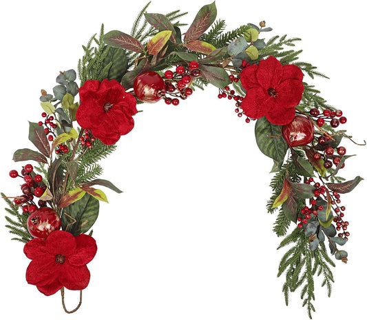 6ft Red Magnolia Christmas Garland with Pomegranate & Berries, Real Touch Artificial Holiday Pine Garlands for Winter Fireplace Mantle, Stairs, Front Door & Table, Doorway