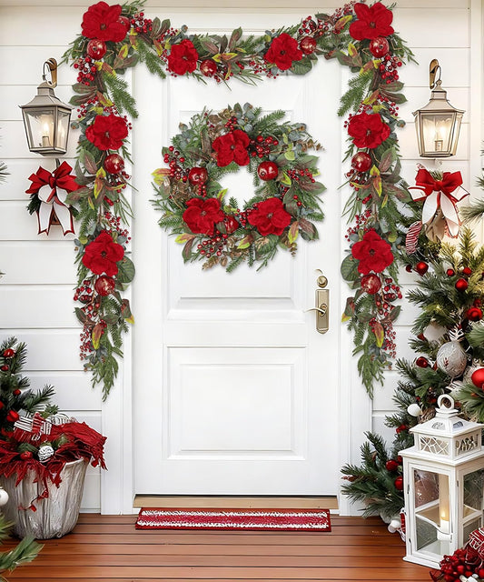 6ft Red Magnolia Christmas Garland with Pomegranate & Berries, Real Touch Artificial Holiday Pine Garlands for Winter Fireplace Mantle, Stairs, Front Door & Table, Doorway