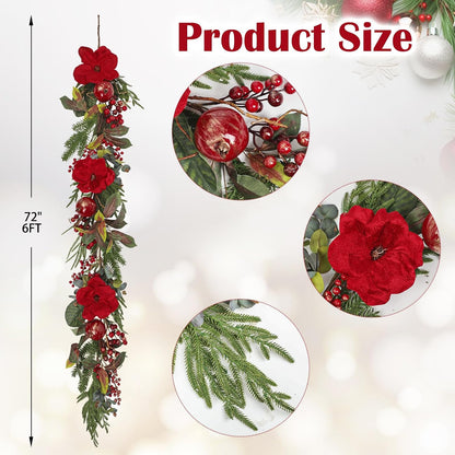 6ft Red Magnolia Christmas Garland with Pomegranate & Berries, Real Touch Artificial Holiday Pine Garlands for Winter Fireplace Mantle, Stairs, Front Door & Table, Doorway