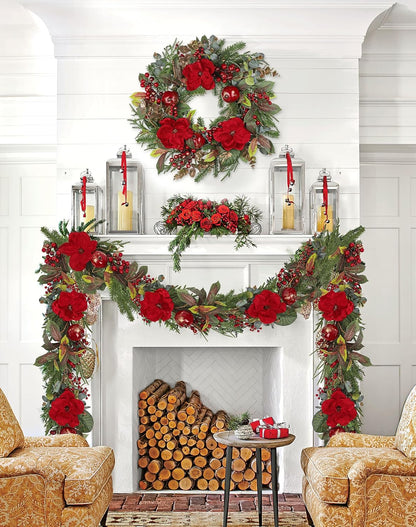 6ft Red Magnolia Christmas Garland with Pomegranate & Berries, Real Touch Artificial Holiday Pine Garlands for Winter Fireplace Mantle, Stairs, Front Door & Table, Doorway
