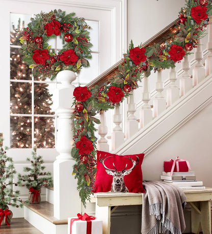 6ft Red Magnolia Christmas Garland with Pomegranate & Berries, Real Touch Artificial Holiday Pine Garlands for Winter Fireplace Mantle, Stairs, Front Door & Table, Doorway