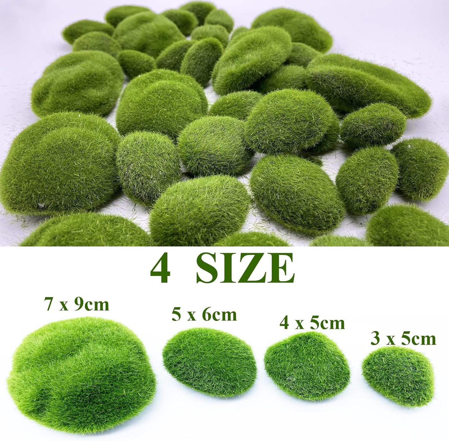 40PCS Artificial Moss Rocks Decorative Moss Balls Green Moss Covered Stones for Plants Decor Home Craft 4 Size