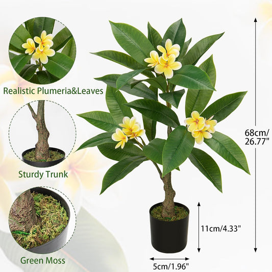 Artificial Plants Indoor 26.77'' Fake Tropical Plumeria Flowers Tree Plants in Black Pot, Hawaiian Yellow Plumeria Faux Frangipani Tree Floor Plant for Home Office Wedding Decor