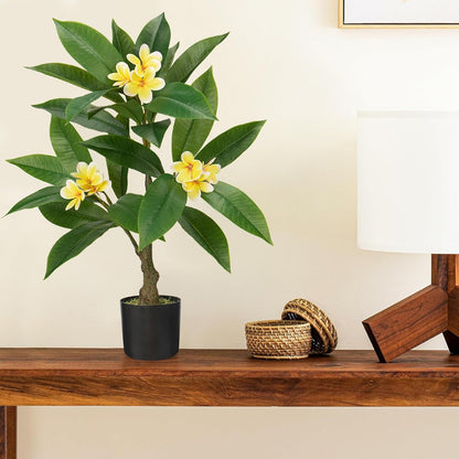 Artificial Plants Indoor 26.77'' Fake Tropical Plumeria Flowers Tree Plants in Black Pot, Hawaiian Yellow Plumeria Faux Frangipani Tree Floor Plant for Home Office Wedding Decor