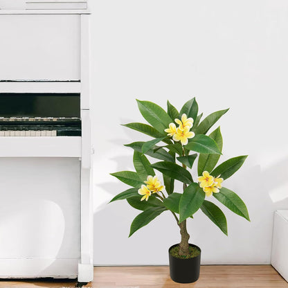 Artificial Plants Indoor 26.77'' Fake Tropical Plumeria Flowers Tree Plants in Black Pot, Hawaiian Yellow Plumeria Faux Frangipani Tree Floor Plant for Home Office Wedding Decor