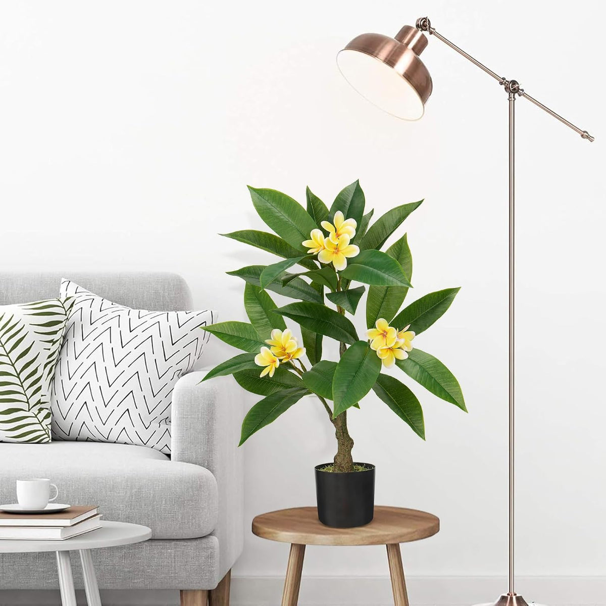Artificial Plants Indoor 26.77'' Fake Tropical Plumeria Flowers Tree Plants in Black Pot, Hawaiian Yellow Plumeria Faux Frangipani Tree Floor Plant for Home Office Wedding Decor