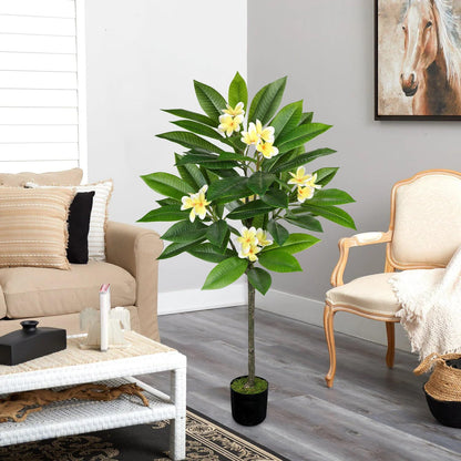Artificial Plants Indoor 26.77'' Fake Tropical Plumeria Flowers Tree Plants in Black Pot, Hawaiian Yellow Plumeria Faux Frangipani Tree Floor Plant for Home Office Wedding Decor