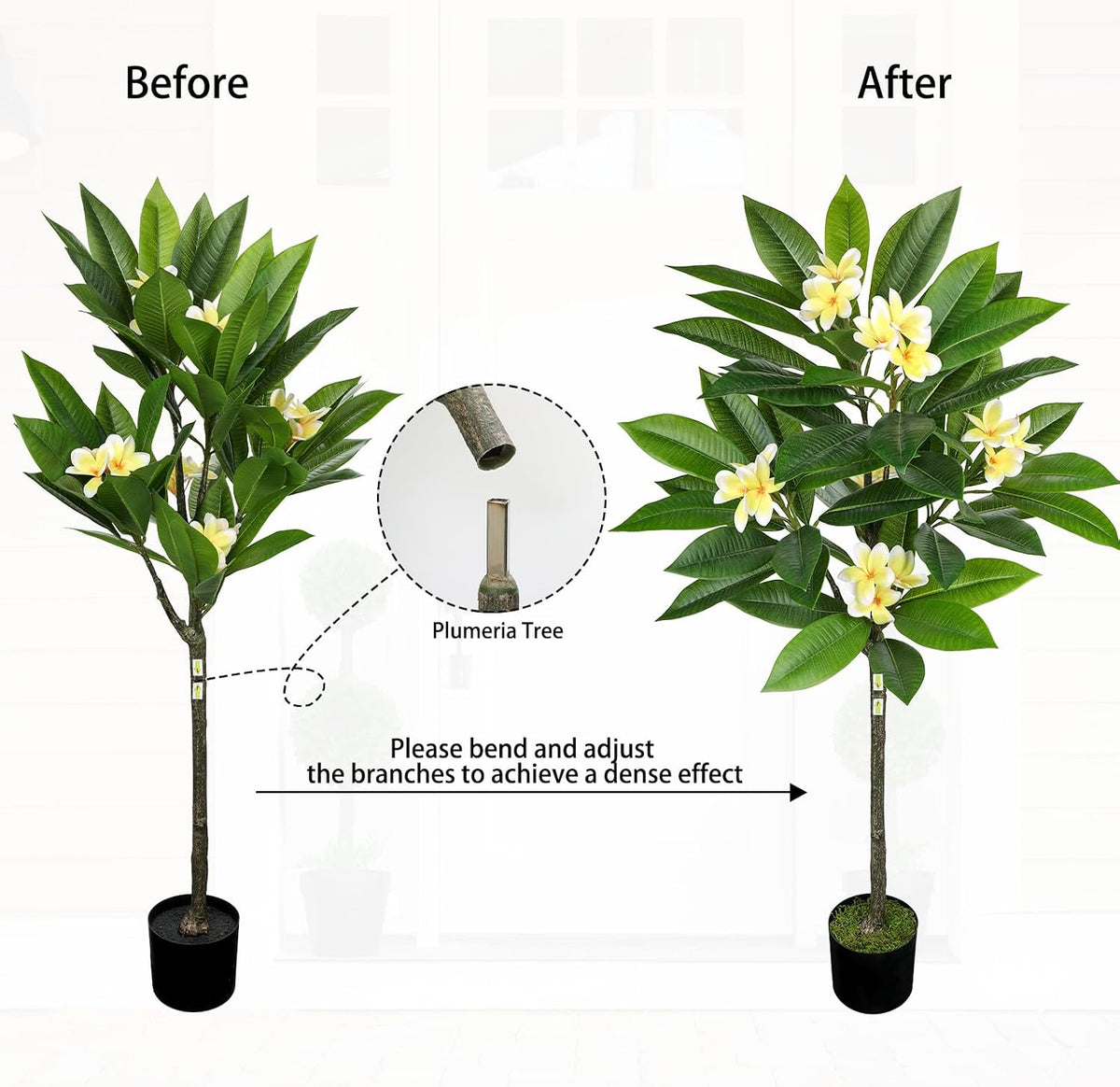 Artificial Plants Indoor 26.77'' Fake Tropical Plumeria Flowers Tree Plants in Black Pot, Hawaiian Yellow Plumeria Faux Frangipani Tree Floor Plant for Home Office Wedding Decor