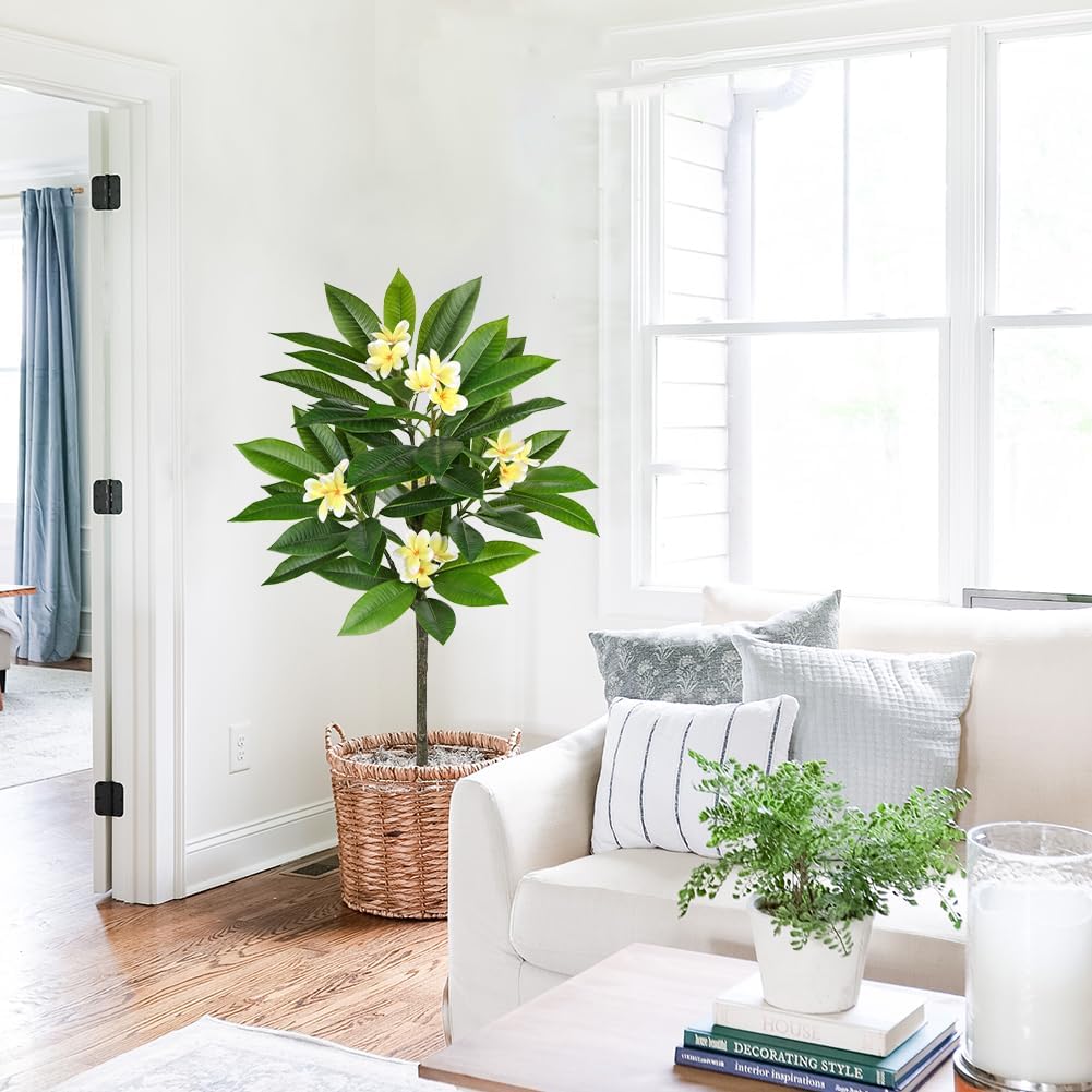 Artificial Plants Indoor 26.77'' Fake Tropical Plumeria Flowers Tree Plants in Black Pot, Hawaiian Yellow Plumeria Faux Frangipani Tree Floor Plant for Home Office Wedding Decor