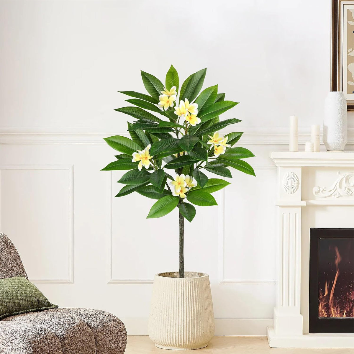 Artificial Plants Indoor 26.77'' Fake Tropical Plumeria Flowers Tree Plants in Black Pot, Hawaiian Yellow Plumeria Faux Frangipani Tree Floor Plant for Home Office Wedding Decor