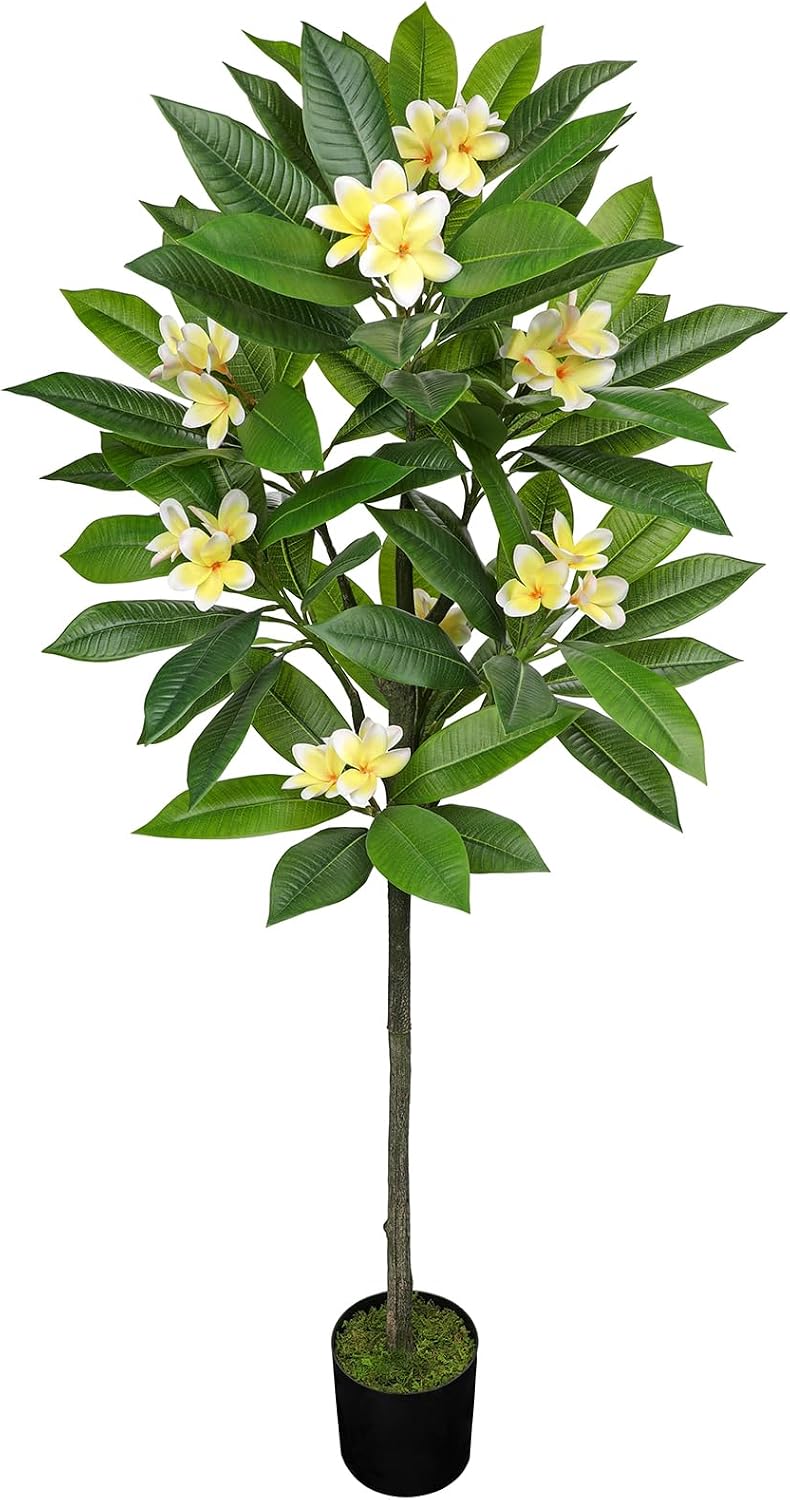 Artificial Plants Indoor 26.77'' Fake Tropical Plumeria Flowers Tree Plants in Black Pot, Hawaiian Yellow Plumeria Faux Frangipani Tree Floor Plant for Home Office Wedding Decor