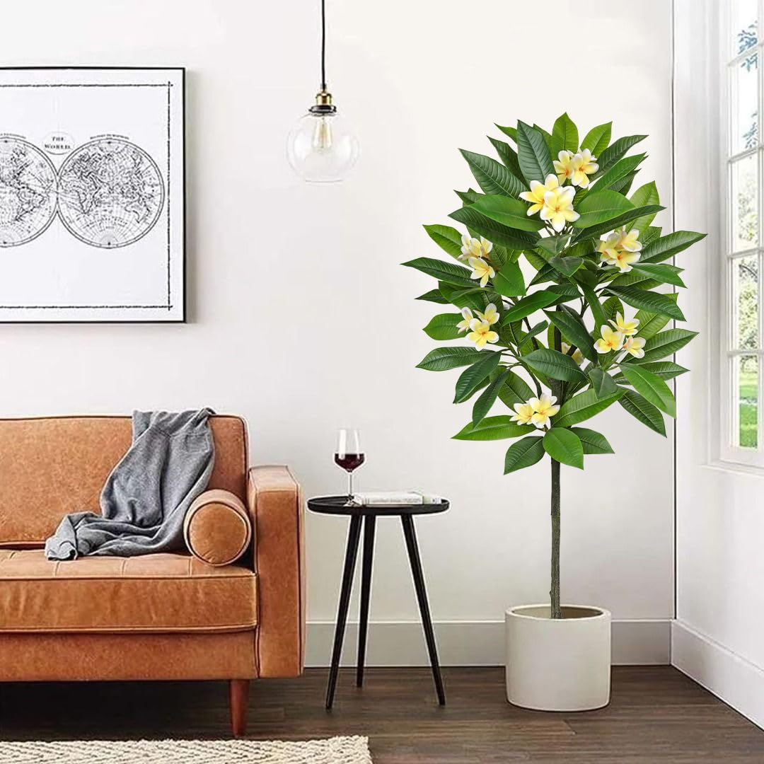 Artificial Plants Indoor 26.77'' Fake Tropical Plumeria Flowers Tree Plants in Black Pot, Hawaiian Yellow Plumeria Faux Frangipani Tree Floor Plant for Home Office Wedding Decor