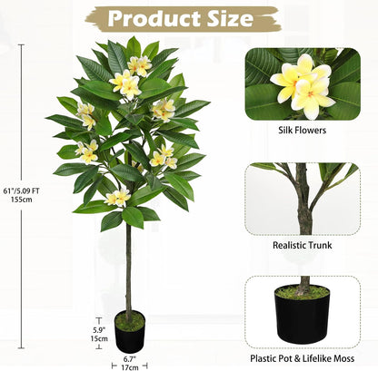 Artificial Plants Indoor 26.77'' Fake Tropical Plumeria Flowers Tree Plants in Black Pot, Hawaiian Yellow Plumeria Faux Frangipani Tree Floor Plant for Home Office Wedding Decor