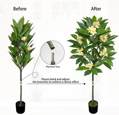 Artificial Plants Indoor 26.77'' Fake Tropical Plumeria Flowers Tree Plants in Black Pot, Hawaiian Yellow Plumeria Faux Frangipani Tree Floor Plant for Home Office Wedding Decor