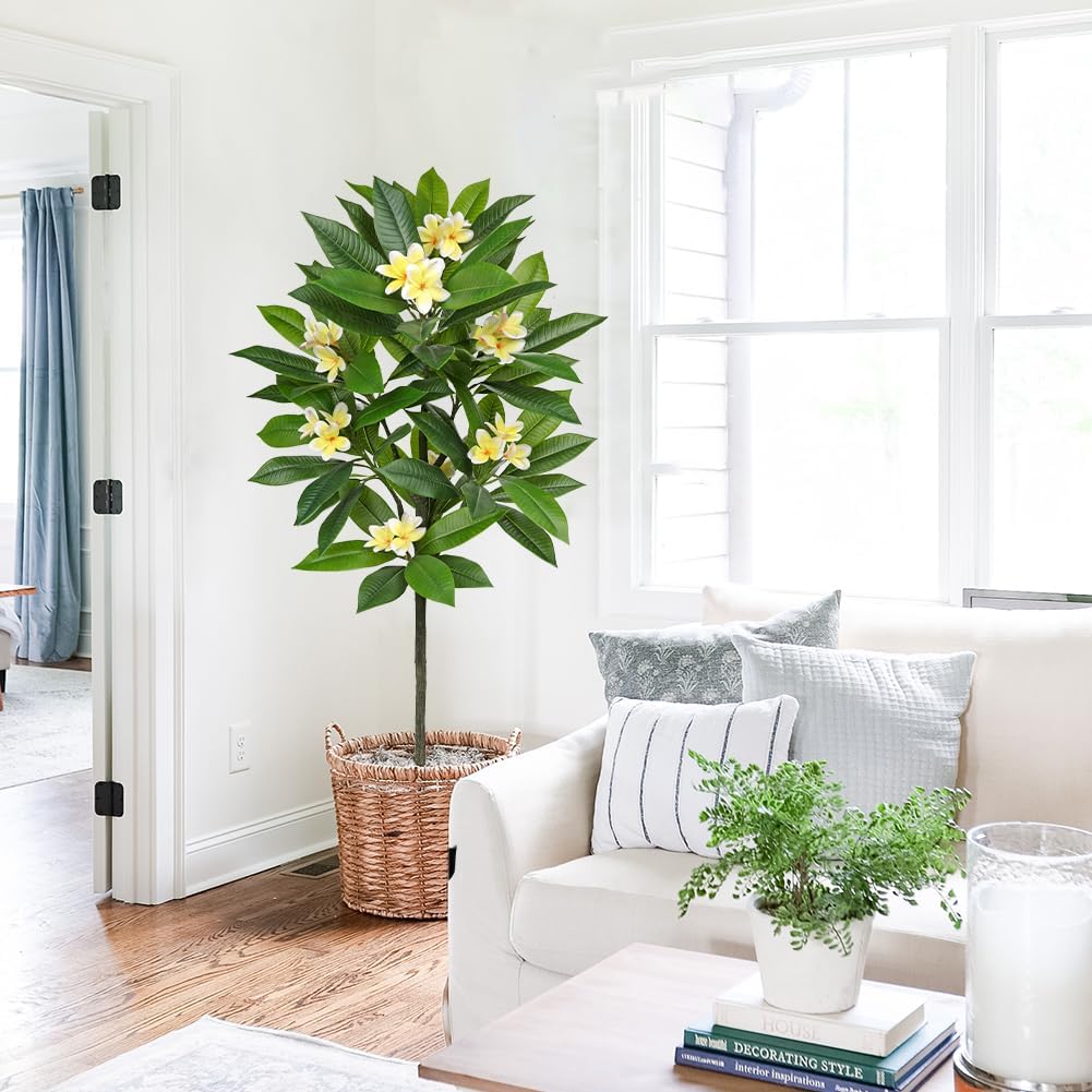 Artificial Plants Indoor 26.77'' Fake Tropical Plumeria Flowers Tree Plants in Black Pot, Hawaiian Yellow Plumeria Faux Frangipani Tree Floor Plant for Home Office Wedding Decor