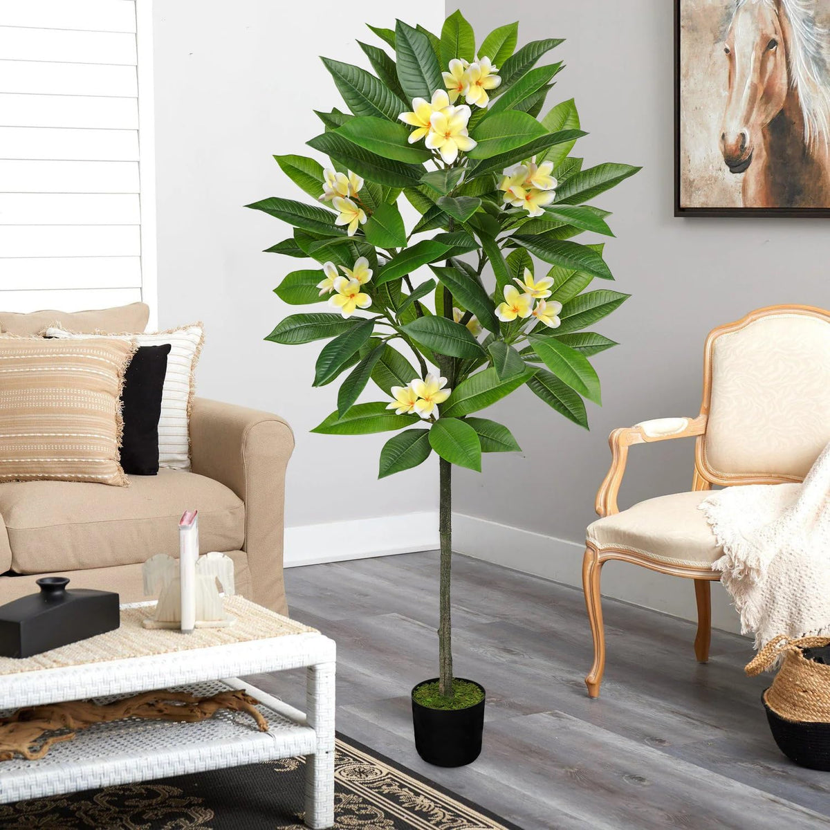 Artificial Plants Indoor 26.77'' Fake Tropical Plumeria Flowers Tree Plants in Black Pot, Hawaiian Yellow Plumeria Faux Frangipani Tree Floor Plant for Home Office Wedding Decor