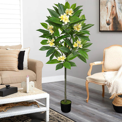 Artificial Plants Indoor 26.77'' Fake Tropical Plumeria Flowers Tree Plants in Black Pot, Hawaiian Yellow Plumeria Faux Frangipani Tree Floor Plant for Home Office Wedding Decor