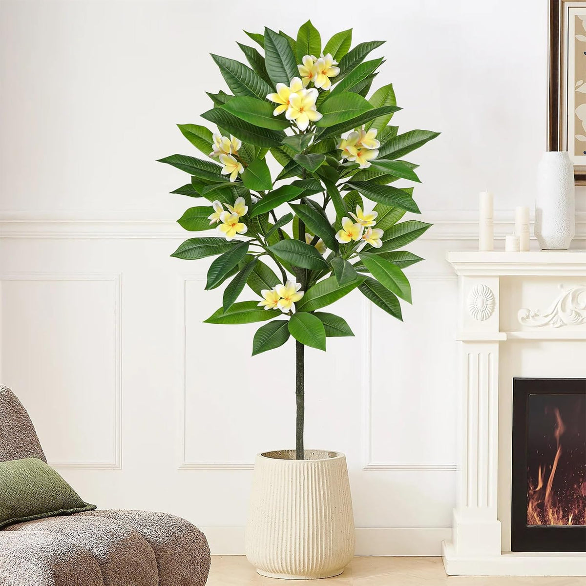 Artificial Plants Indoor 26.77'' Fake Tropical Plumeria Flowers Tree Plants in Black Pot, Hawaiian Yellow Plumeria Faux Frangipani Tree Floor Plant for Home Office Wedding Decor