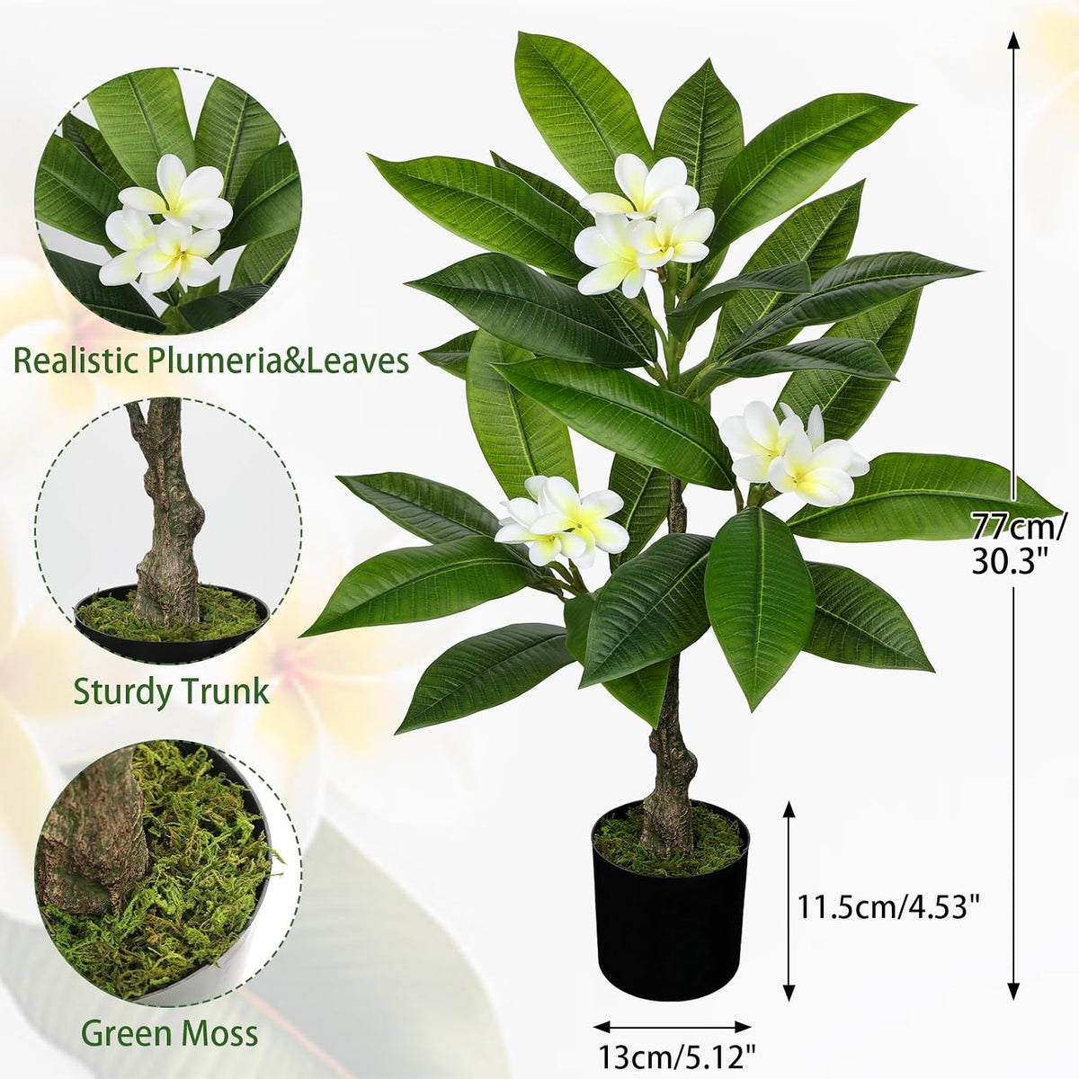 Artificial Plants Indoor 26.77'' Fake Tropical Plumeria Flowers Tree Plants in Black Pot, Hawaiian Yellow Plumeria Faux Frangipani Tree Floor Plant for Home Office Wedding Decor
