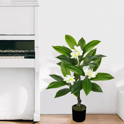 Artificial Plants Indoor 26.77'' Fake Tropical Plumeria Flowers Tree Plants in Black Pot, Hawaiian Yellow Plumeria Faux Frangipani Tree Floor Plant for Home Office Wedding Decor