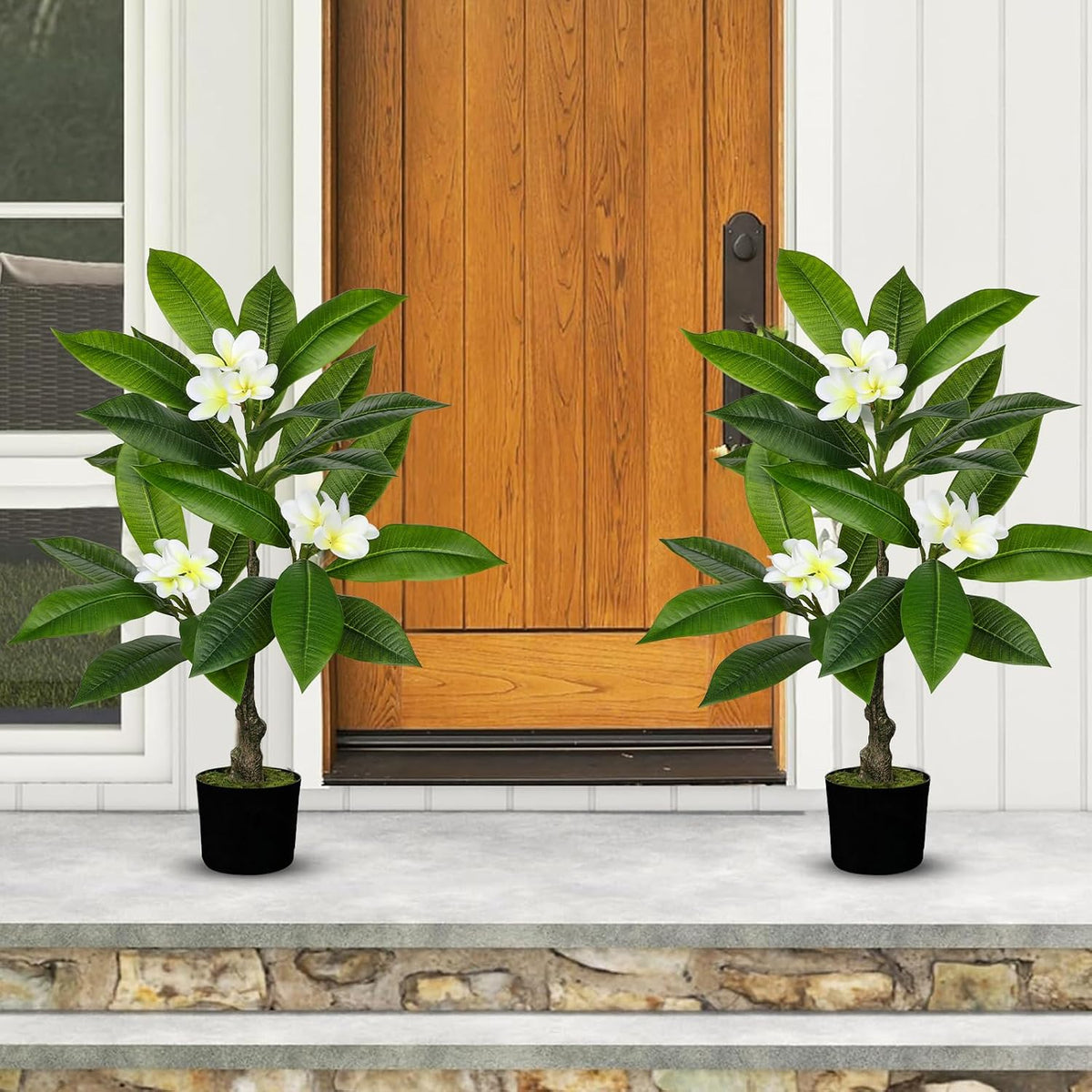 Artificial Plants Indoor 26.77'' Fake Tropical Plumeria Flowers Tree Plants in Black Pot, Hawaiian Yellow Plumeria Faux Frangipani Tree Floor Plant for Home Office Wedding Decor