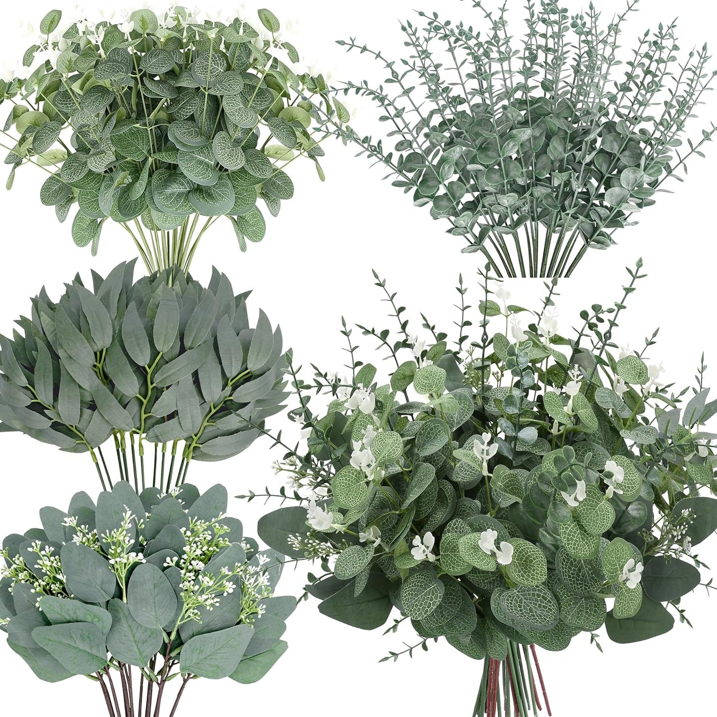 200 Pcs 8 Kinds Mixed Artificial Eucalyptus Stems Bulk Fake Silver Dollar Eucalyptus White Seeds Stems Bundle Faux Plants Greenery for DIY Bouquets Floral Arrangement Wedding Engagement Party Decor