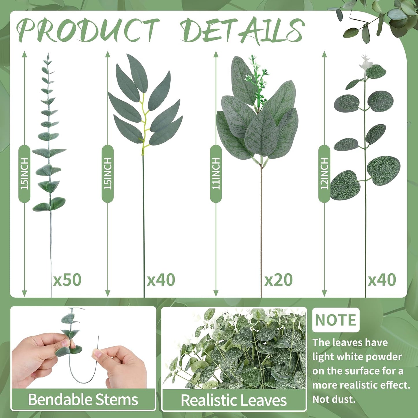 200 Pcs 8 Kinds Mixed Artificial Eucalyptus Stems Bulk Fake Silver Dollar Eucalyptus White Seeds Stems Bundle Faux Plants Greenery for DIY Bouquets Floral Arrangement Wedding Engagement Party Decor