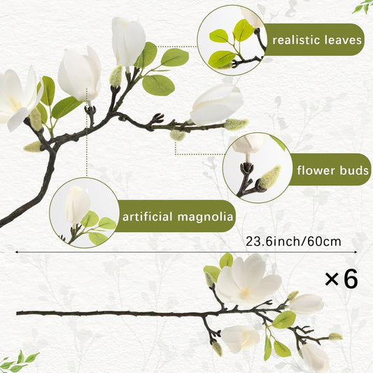 6 Pack Faux Magnolia Stems for Vase, 22" Artificial White Magnolia Flowers Elegant Fake Magnolia Branches for Table Centerpieces Decor, Wedding, Living Room Home Decoration