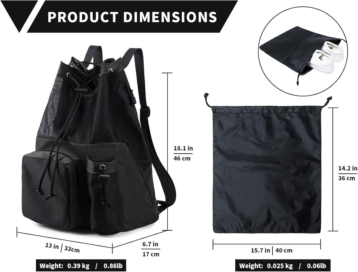 Large Mesh Drawstring Backpack with Shoe Bag, Durable Swimming String Sack with Handle for Sports Gym Yoga Beach Travel
