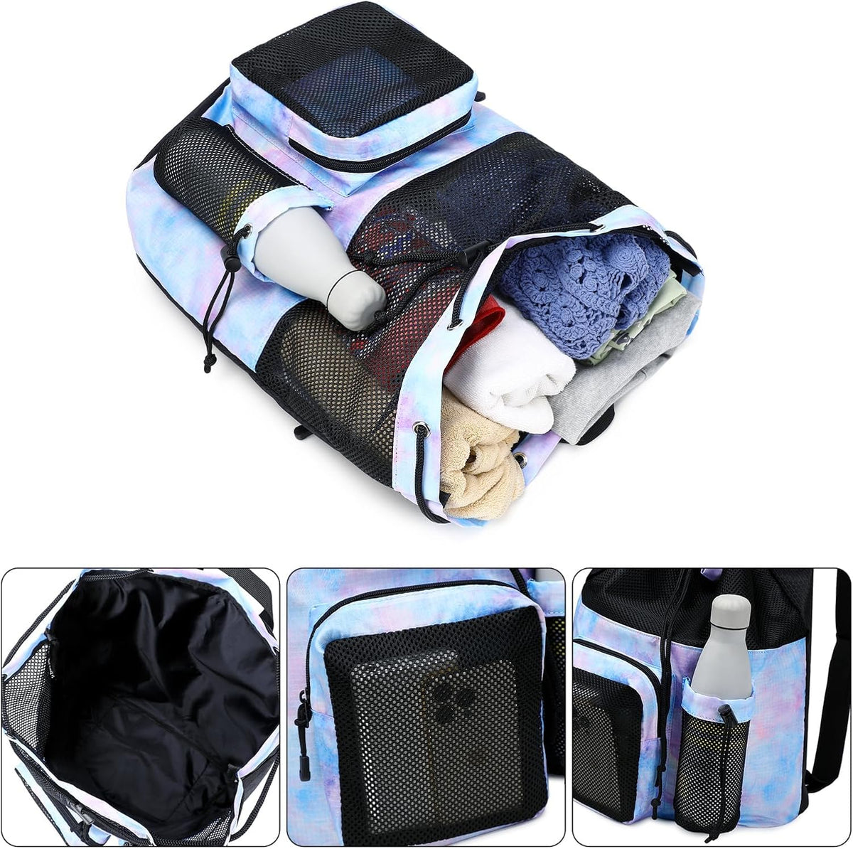 Large Mesh Drawstring Backpack with Shoe Bag, Durable Swimming String Sack with Handle for Sports Gym Yoga Beach Travel