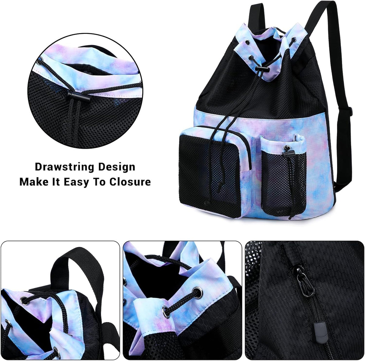Large Mesh Drawstring Backpack with Shoe Bag, Durable Swimming String Sack with Handle for Sports Gym Yoga Beach Travel