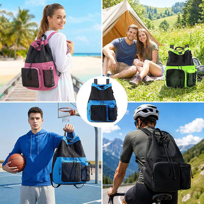 Large Mesh Drawstring Backpack with Shoe Bag, Durable Swimming String Sack with Handle for Sports Gym Yoga Beach Travel