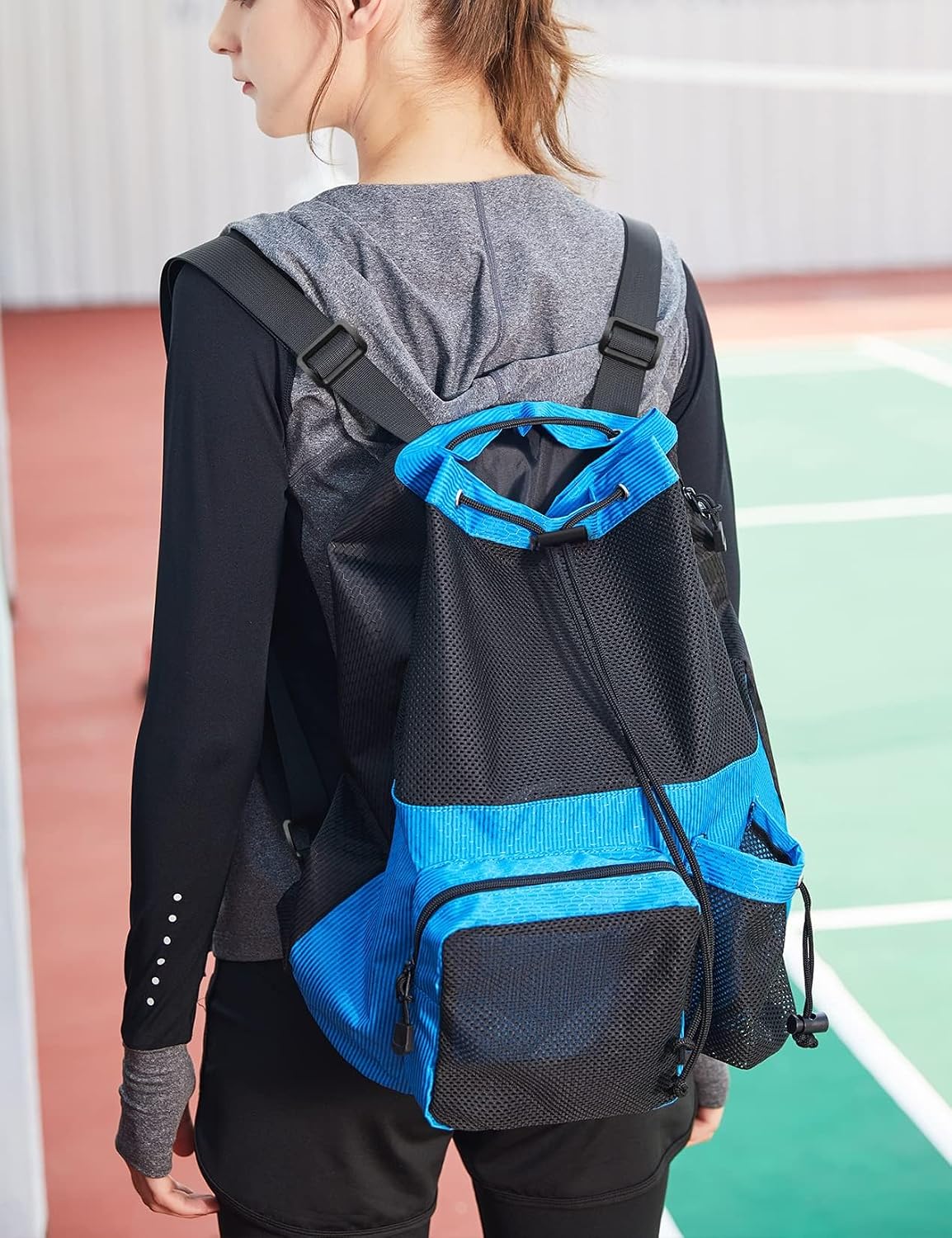 Large Mesh Drawstring Backpack with Shoe Bag, Durable Swimming String Sack with Handle for Sports Gym Yoga Beach Travel
