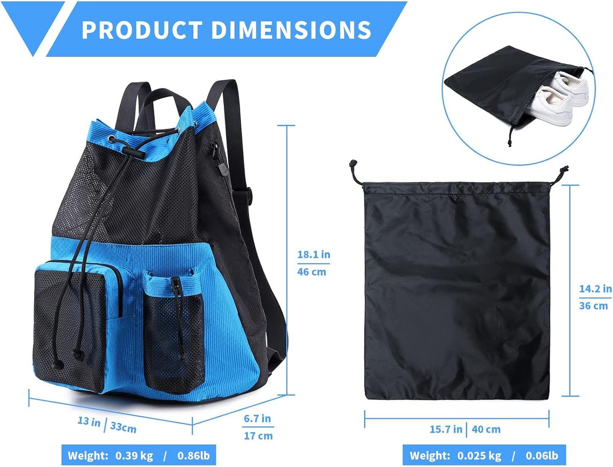 Large Mesh Drawstring Backpack with Shoe Bag, Durable Swimming String Sack with Handle for Sports Gym Yoga Beach Travel