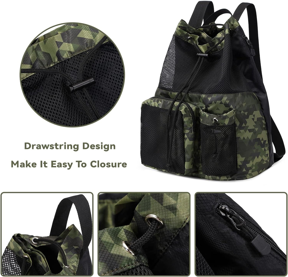 Large Mesh Drawstring Backpack with Shoe Bag, Durable Swimming String Sack with Handle for Sports Gym Yoga Beach Travel