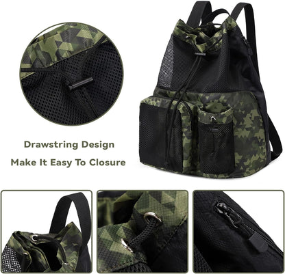Large Mesh Drawstring Backpack with Shoe Bag, Durable Swimming String Sack with Handle for Sports Gym Yoga Beach Travel